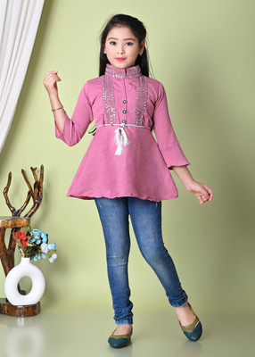 MSGarments Girls Crepe A-line Top(Pink, Pack of 1)
