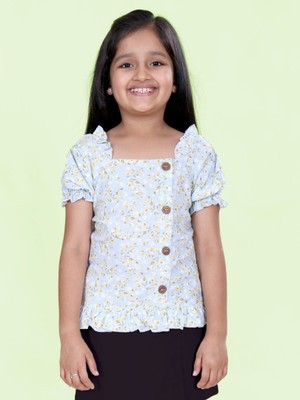 KiddoPanti Girls Casual Rayon Top(White, Blue, Pack of 1)