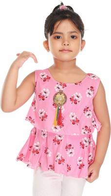 ZIORA Girls Casual Pure Cotton Ruffled Top(Pink, Pack of 1)