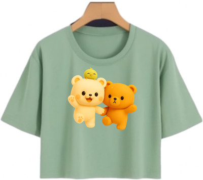 Loom & Line Girls Casual Cotton Blend Crop Top(Dark Green, Pack of 1)