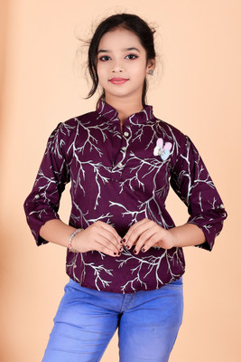 S K MAHIR FASHION Girls Party Cotton Linen Blend A-line Top(Purple, Pack of 1)