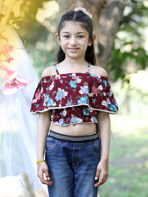CUTIEKINS Girls Casual Polyester Crop Top(Maroon, Pack of 1)