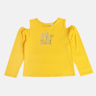 MINI KLUB Girls Cotton Blend Knit Top(Yellow, Pack of 1)