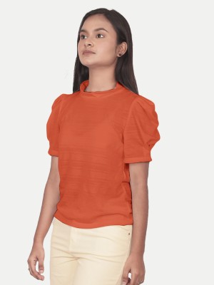 radprix Girls Casual Pure Cotton Fashion Sleeve Top(Orange, Pack of 1)