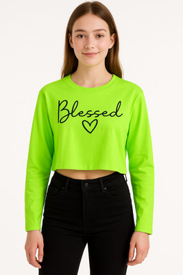 CROP ZONE Girls Casual Cotton Blend Crop Top(Light Green, Pack of 1)