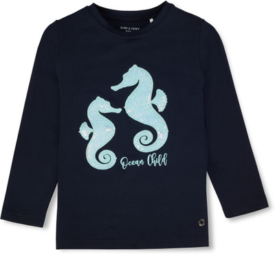 GINI & JONY Baby Girls Graphic Print Cotton Blend Regular T Shirt(Dark Blue, Pack of 1)