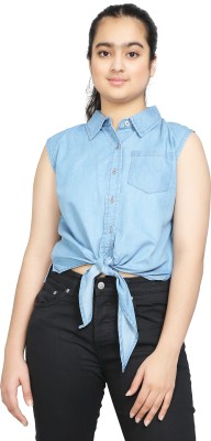 vyn Girls Casual Denim Shirt Style Top(Light Blue, Pack of 1)