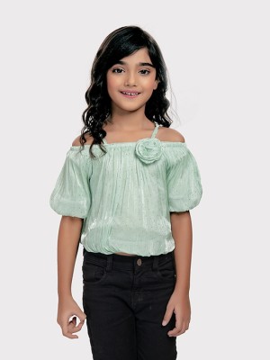 Tiny Kingdom Girls Party Satin Blend Strap Top(Green, Pack of 1)