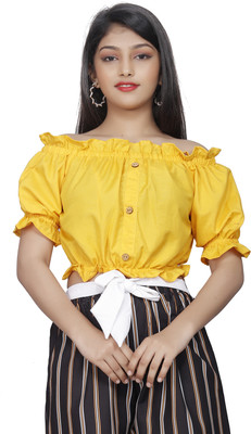 LEERUKA Girls Casual Cotton Rayon Blend Crop Top(Yellow, Pack of 1)