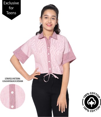 teentrums Girls Casual Pure Cotton Shirt Style Top(Pink, Pack of 1)