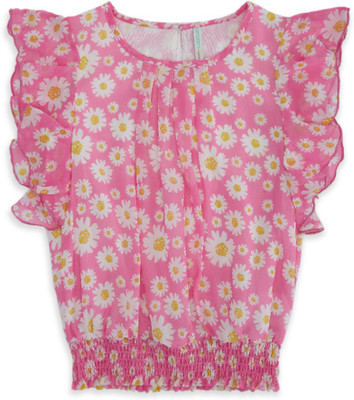 Pantaloons Junior Girls Casual Pure Cotton Fashion Sleeve Top(Pink, Pack of 1)