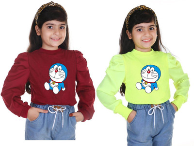 Big Hub Girls Casual Cotton Blend Fashion Sleeve Top(Green, Maroon, Pack of 2)