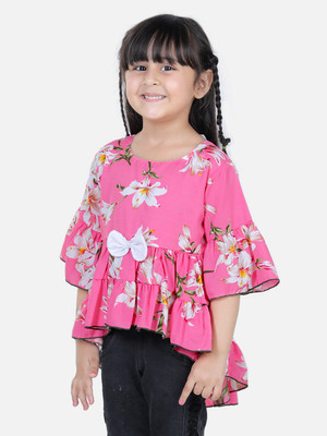 CUTIEKINS Girls Casual Polyester Peplum Top(Pink, White, Pack of 1)