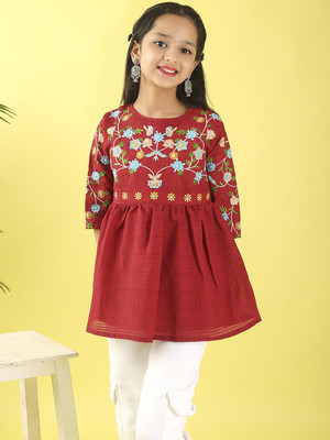 Ishti Girls Casual Polyester A-line Top(Maroon, Pack of 1)