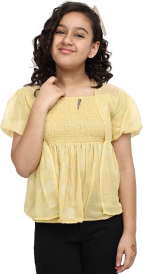 V-MART Girls Casual Cotton Blend Top(Yellow, Pack of 1)