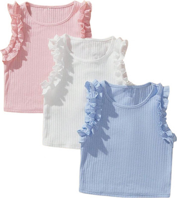 Monno Baby Girls Party Cotton Blend Ruffeld Top(Pink, Blue, Pack of 3)