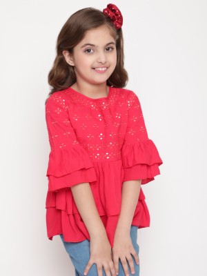 Miss & Chief Girls Party Rayon A-line Top(Red, Pack of 1)