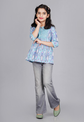 DMP EXPORT Girls Casual Rayon A-line Top(Blue, Pack of 1)