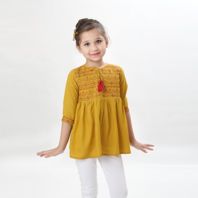 Miss & Chief Girls Party Rayon A-line Top(Yellow, Pack of 1)