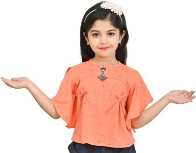 MRM FASHION Girls Casual Cotton Blend A-line Top(Orange, Pack of 1)