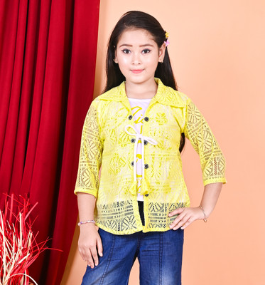 KM DRESSES Girls Casual Net A-line Top(Yellow, Pack of 1)