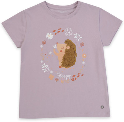 GINI & JONY Baby Girls Graphic Print Cotton Blend Regular T Shirt(Purple, Pack of 1)