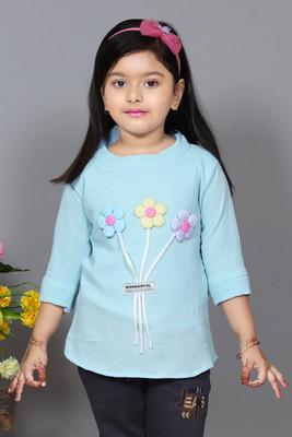 Hamza Collection Girls Cotton Blend A-line Top(Blue, Pack of 1)