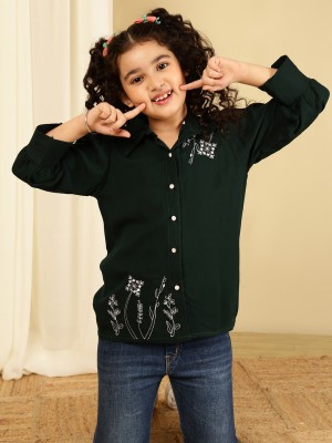 Miss & Chief Girls Party Polyester A-line Top(Dark Green, Pack of 1)