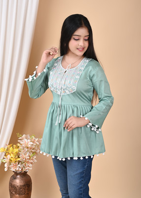 Milory Fashion Girls Party Cotton Blend A-line Top(Light Green, Pack of 1)