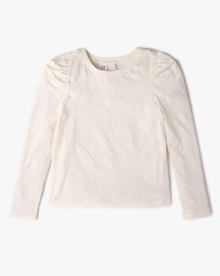 GAP Girls Casual Pure Cotton Full Sleeve Top(White, Pack of 1)