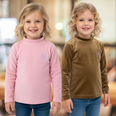 salvia Girls Casual Velvet Full Sleeve Top(Pink, Brown, Pack of 2)