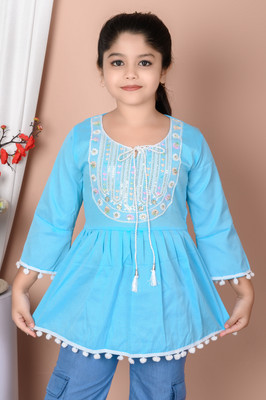 SM Brothers Girls Party Cotton Blend A-line Top(Blue, Pack of 1)
