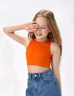 Mimmy Kids Baby Girls Casual Pure Cotton Tank Top(Orange, Pack of 1)