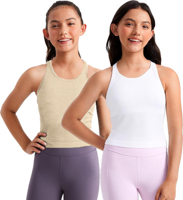 BRAAFEE Girls Casual Cotton Blend Crop Top(Beige, White, Pack of 2)