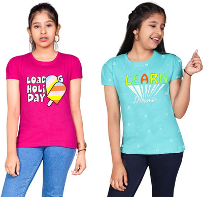 Little Funky Girls Graphic Print Pure Cotton Regular T Shirt(Multicolor, Pack of 2)