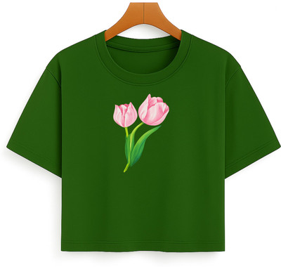 Loom & Line Girls Casual Cotton Blend Crop Top(Green, Pack of 1)
