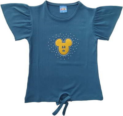 Little Funniky Girls Cotton Lycra Blend Loop Knit Top(Light Blue, Pack of 1)