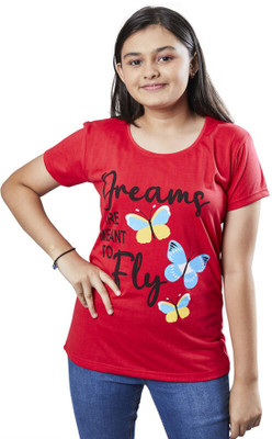 Eda Girls Typography, Printed Cotton Blend Regular T Shirt(Red, Pack of 1)