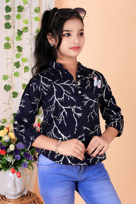 S K MAHIR FASHION Girls Party Cotton Linen Blend A-line Top(Dark Blue, Pack of 1)