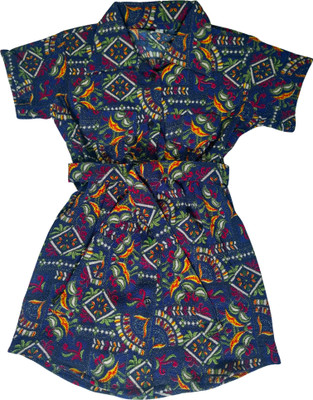 LEERUKA Girls Below Knee Casual Dress(Dark Blue, Short Sleeve)