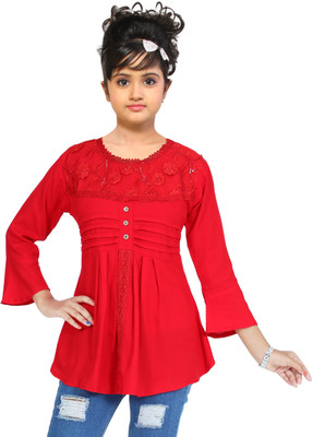 md aryan Girls Party Rayon A-line Top(Red, Pack of 1)