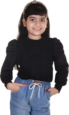 KLYYZEN Girls Casual Cotton Blend Ruffled Top(Black, Pack of 1)