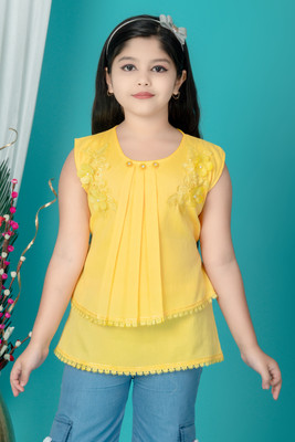 KM DRESSES Girls Casual Cotton Blend Raglan Top(Yellow, Pack of 1)