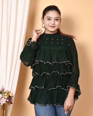 MARUF DRESSES Girls Casual Georgette Chiffon Blend Peplum Top(Dark Green, Pack of 1)