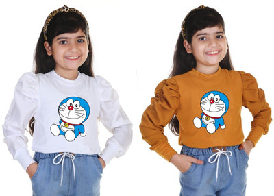 Big Hub Girls Casual Cotton Blend Fashion Sleeve Top(Blue, Brown, Pack of 2)