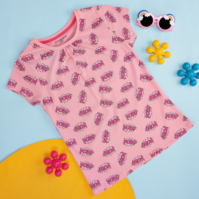 Pantaloons Junior Girls Printed Cotton Blend Regular T Shirt(Pink, Pack of 1)