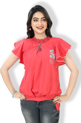 darjifashion Girls Casual Cotton Blend Balloon Top(Red, Pack of 1)