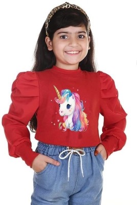 BHUMIHAR Girls Casual Cotton Lycra Blend Ruffled Top(Red, Pack of 1)