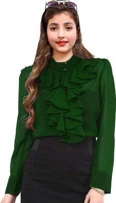 Skyfly Girls Casual Poly Georgette Top(Green, Pack of 1)