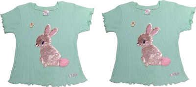 KETI MINI Girls Casual Pure Cotton Top(Green, Pack of 2)